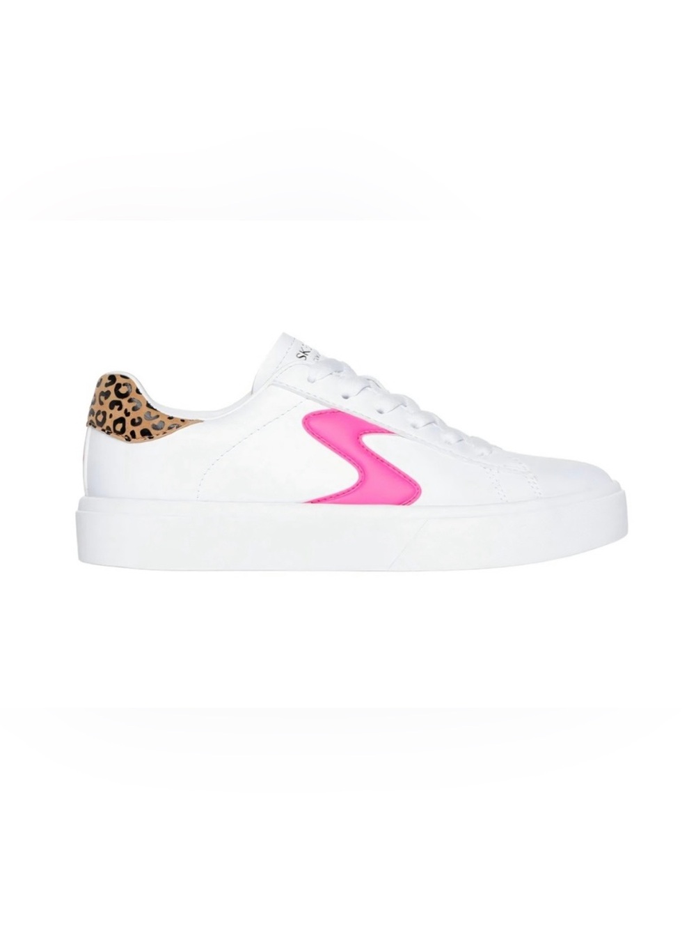 Skechers Eden LX court sneakers for girls. White/Leopard. Size 12.5